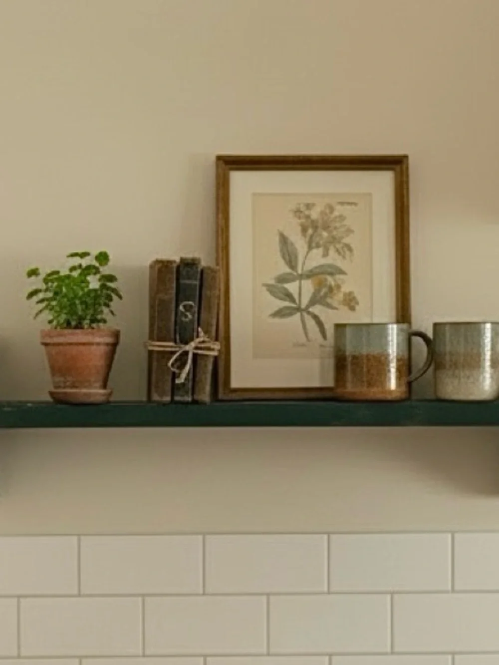 Vintage Wall Shelf w Plate Grove Green Distressed Wood Display Farmhouse Country